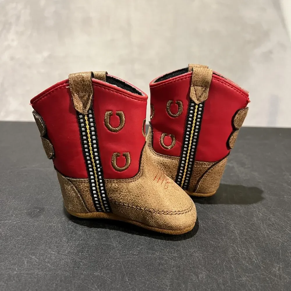 Old West Cowboy Boots Infant Size 1c Red Western Horseshoe Soft Sole Crib